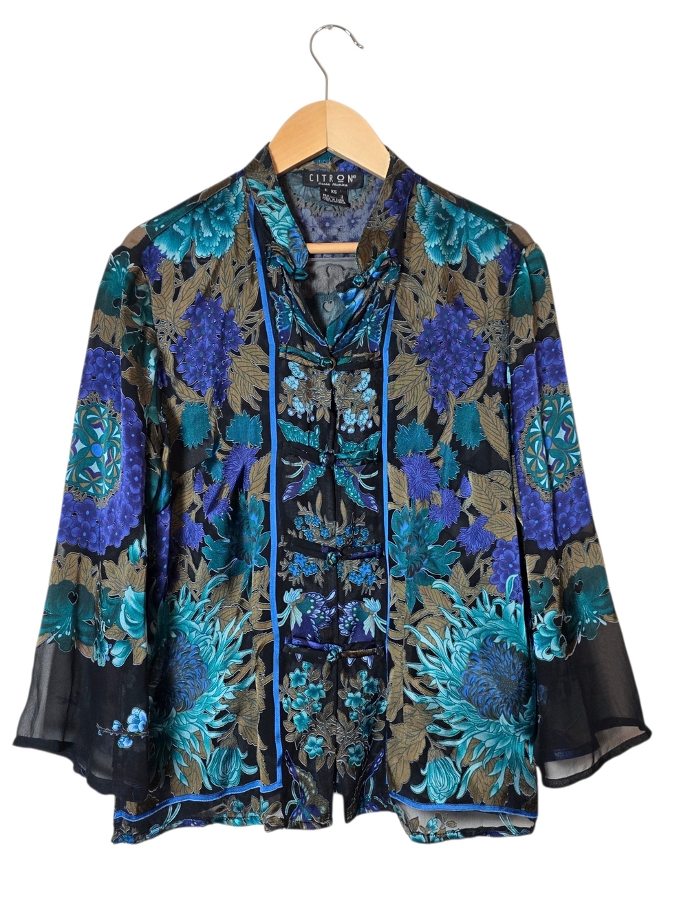 Citron Santa Monica Silk Blend Top XS Sheer Asian Floral Boho Art To Wear Artsy